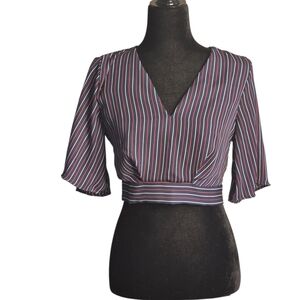 Charlotte Russe Women's Striped V Neck Tie In The Back Crop Top Blouse.